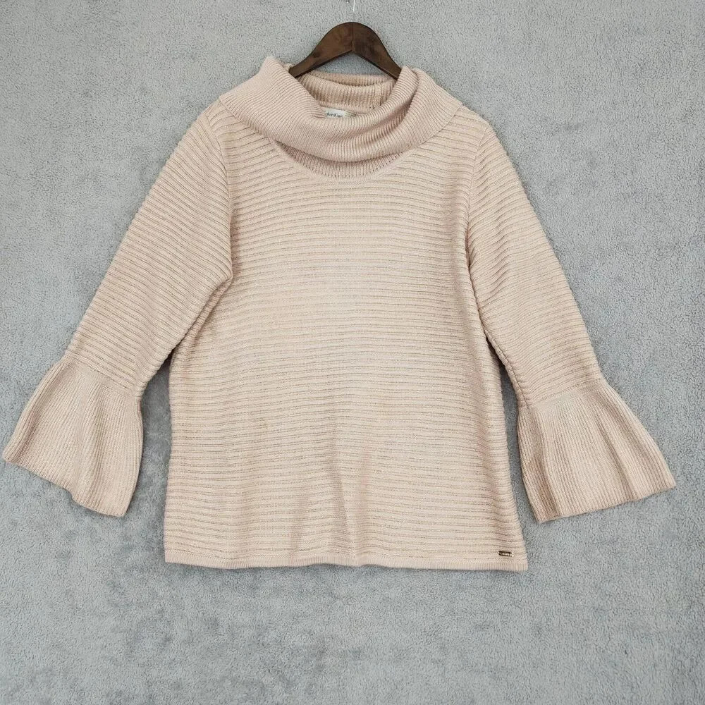 Calvin Klein Womens L Wool Blend Bell Sleeve Sweater Cowl neck Striped 23CT